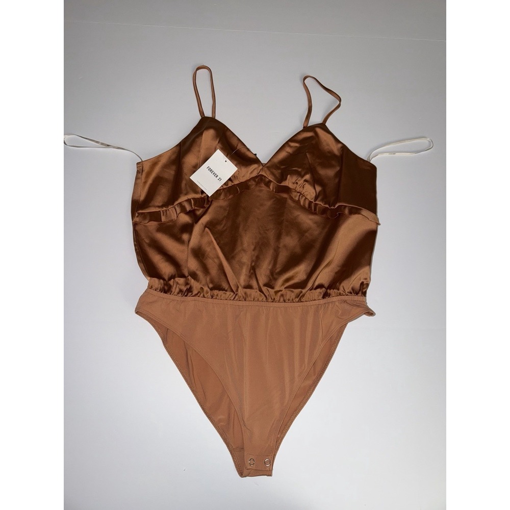 Forever 21 Women XL Satin Ruffle Trim Bodysuit Brown Toasted Almond Button NWT